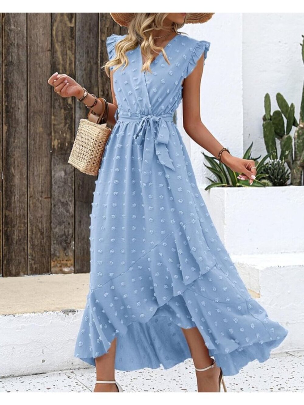 Women's Sky Blue Swiss Dot Cap Sleeve V Neck Tie Waist Imported Causal Maxi Dres - Picture 6 of 6